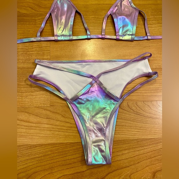 Purple Rainbow Holographic Cut Out Festival Bikini Set - Picture 4 of 4